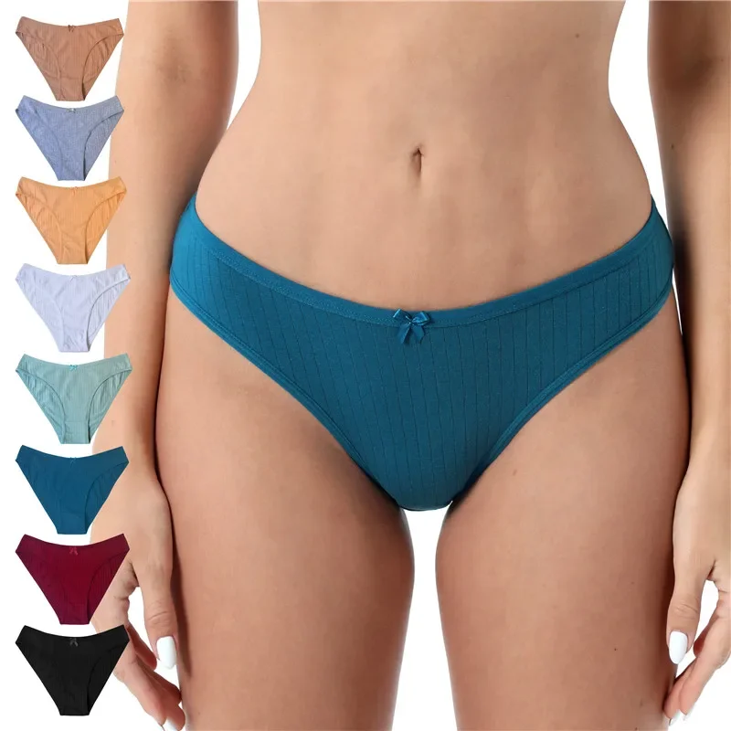 8pcs/set Solid Color Stripe Briefs Women Cotton Panties Cute Sweet Bowtie Underwear Female Breathable Cotton Panties Sexy Briefs