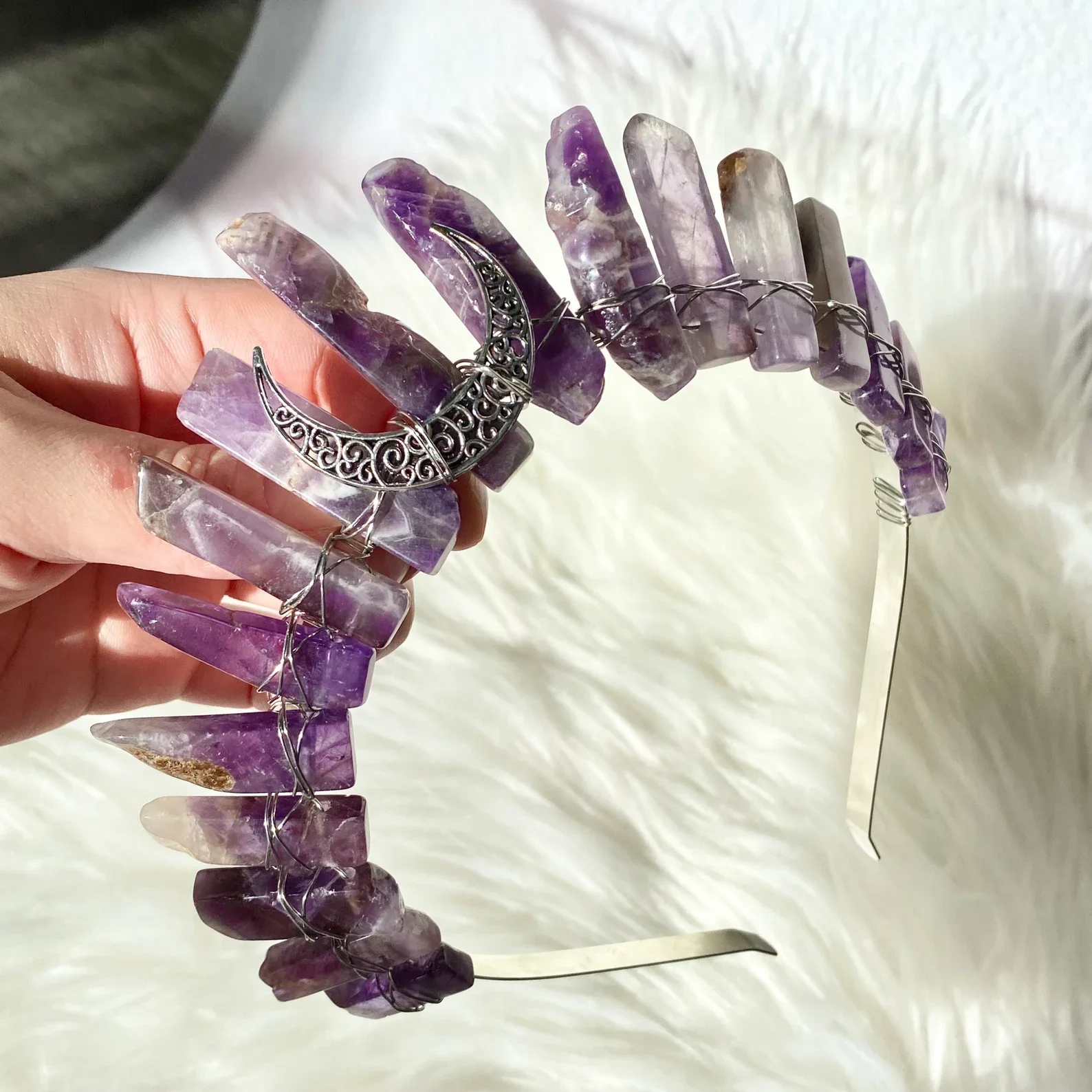 Dream Amethyst Crystal with Moon Goth Wedding Tiara Fairy Crown Bridal Festival Rave Outfit Renaissance Faires Elf Hair Ge