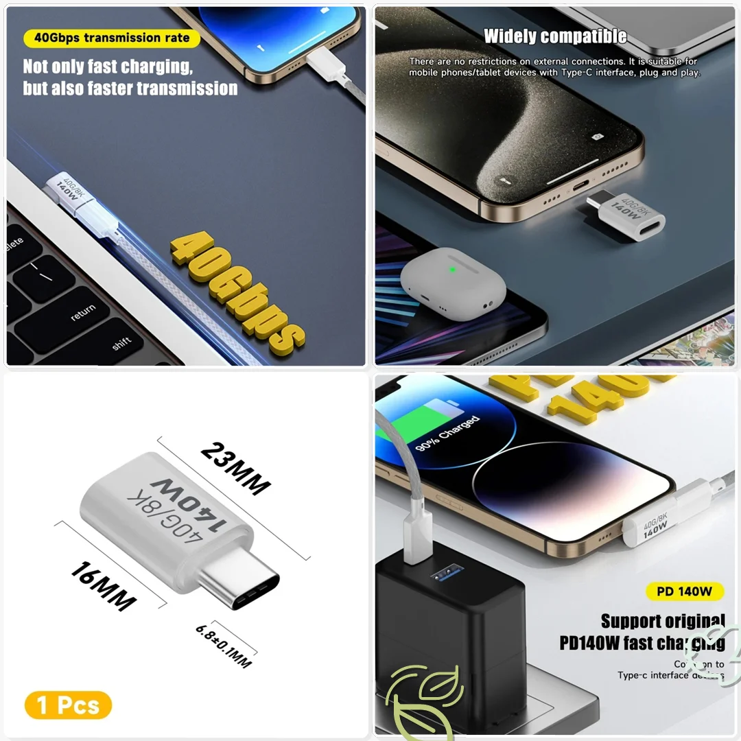 USB C OTG Adapter PD 140W Type C Female to Male 40Gbps Data Sync 8K 60Hz Laptop Projector Presentation Signal