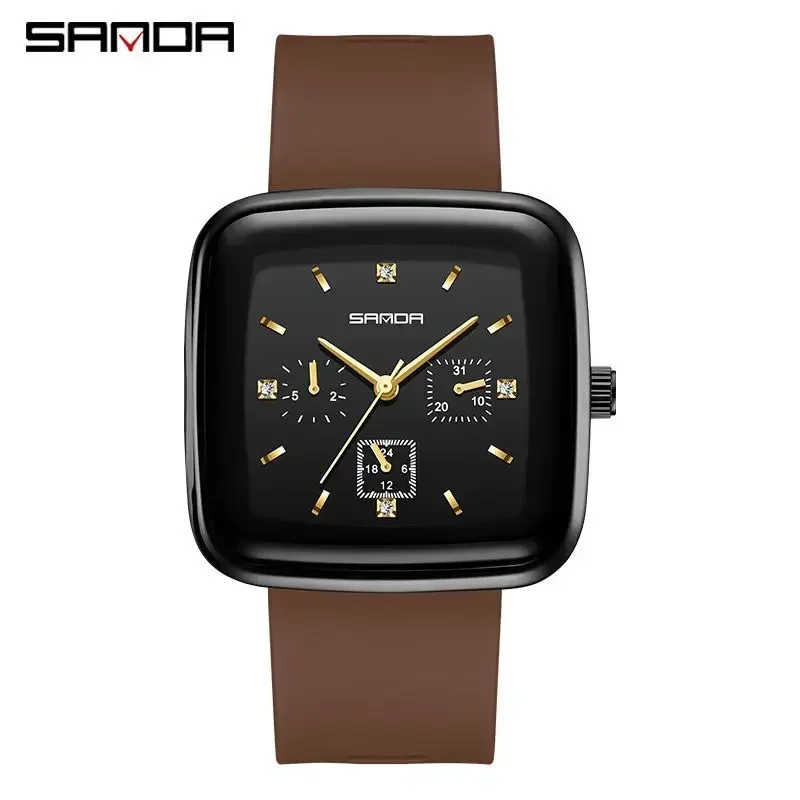 Sanda 1112 Men Women Universal Six Pins Square Analog Dial Quartz Movement Outdoor Sport Week Date Display Wrist Watch