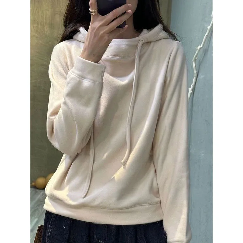 Women's Solid Color Retro Hoodies Autumn Winter Drawstring Long Sleeve Patchwork All-match Casual Pullover Tops Female Clothing