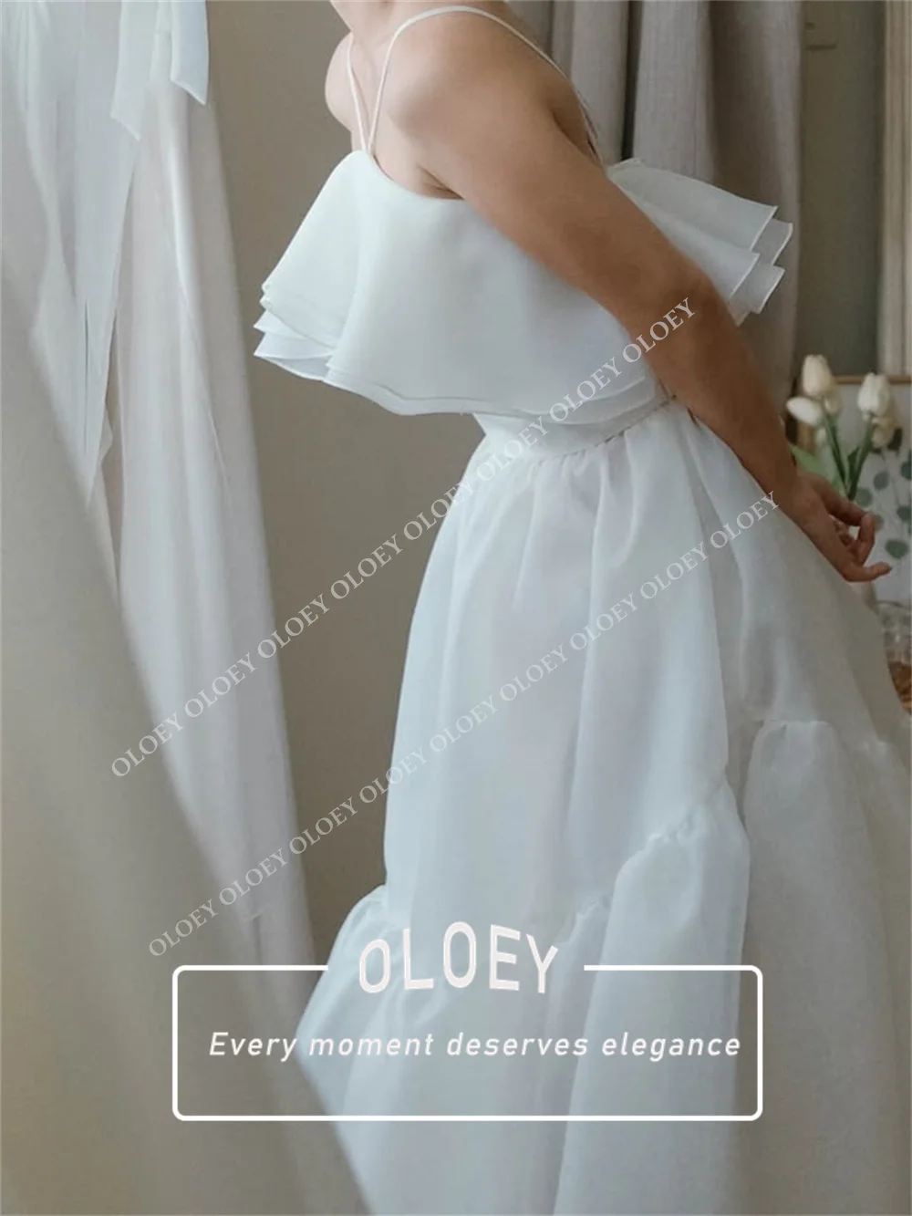 OLOEY Elegant Organza Satin A Line Wedding Dresses Large Ruffle Tiered Floor Length Korea Photo Shoot Bridal Gown Customized