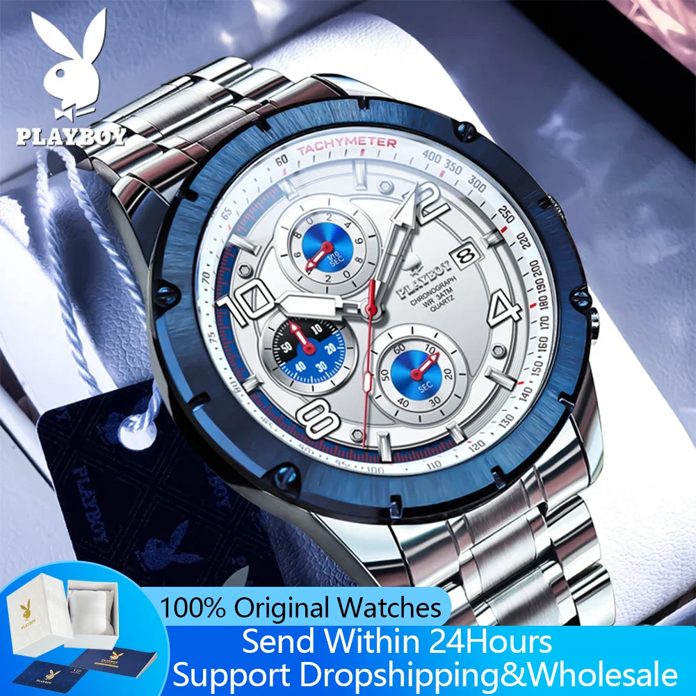 

Мужские часы PLAYBOY 3509, оригинальные часы со стальным ремешком, силиконовым ремешком, хронографом, водонепроницаемые, светящиеся, кварцевые наручные часы для мужчин