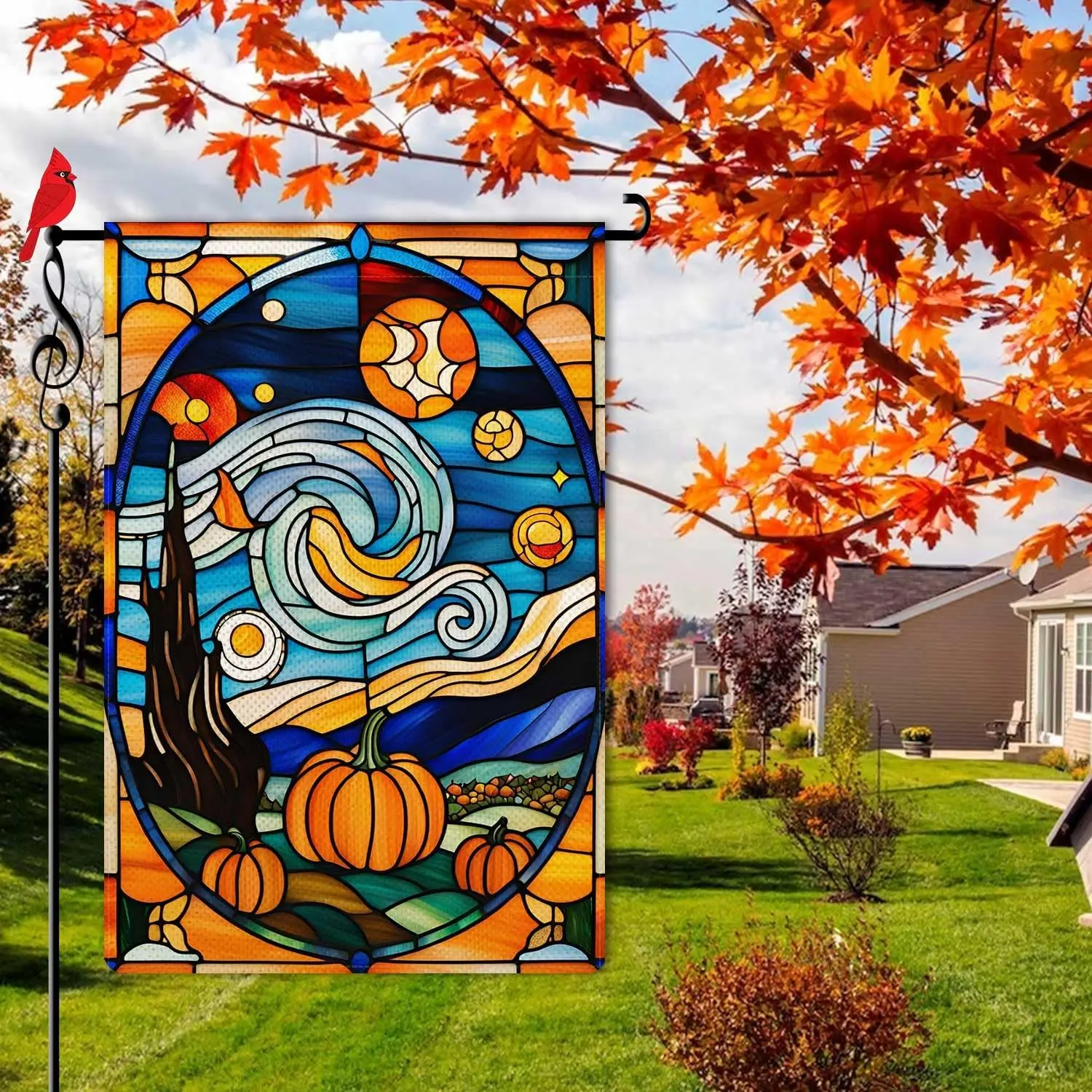 Fall Pumpkins Garden Flag Autumn Starry Night Small Flag for Outside Stained Glass Style Burlap Double Sided Welcome Yard La SSL