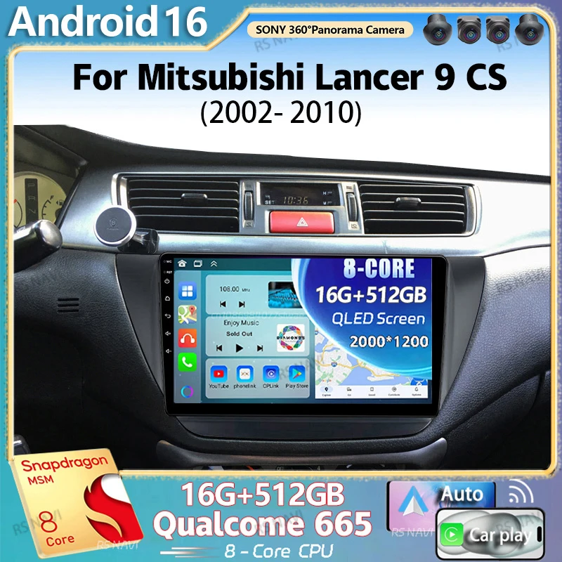 Radio Multimedia para Auto Android 16 para Mitsubishi Lancer 9 CS 2000 2003 2004-2010, Reproductor de Video Estéreo 2K QLED, GPS, 4G, CarPlay
