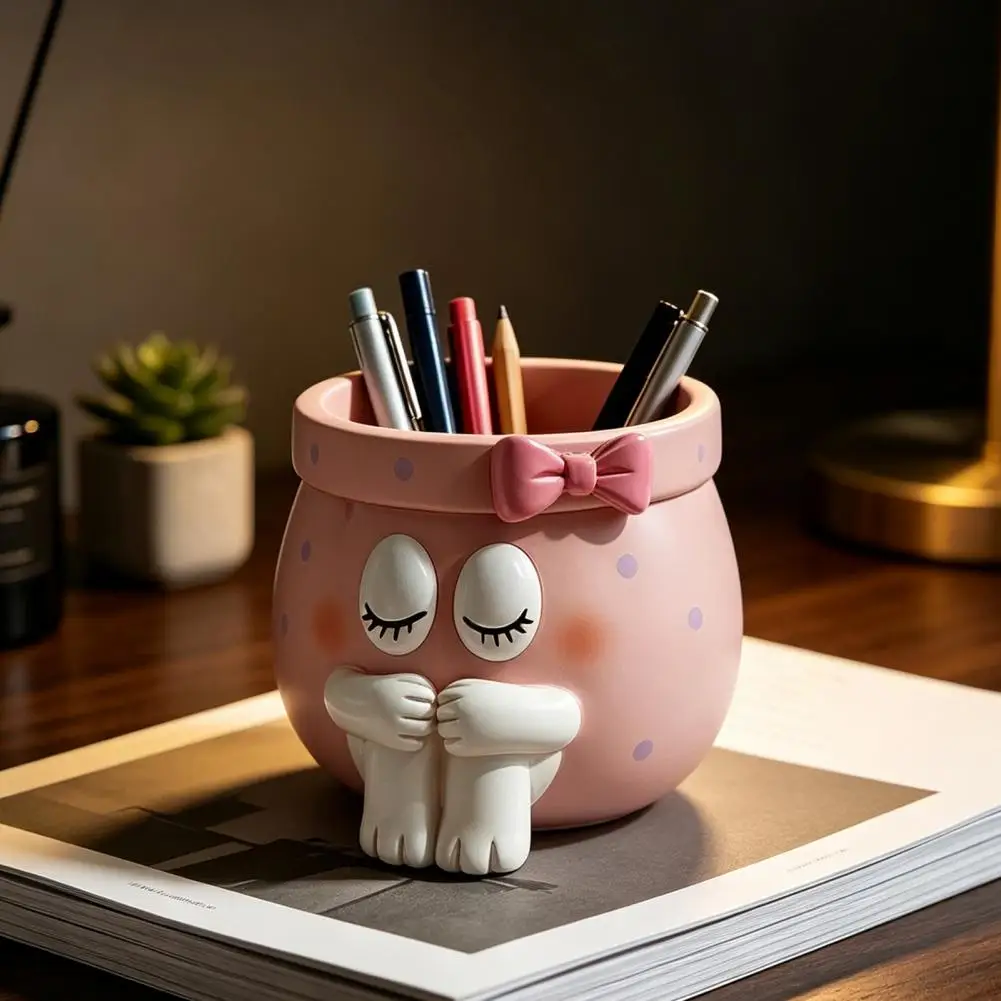 Girly Room Decor Cute Cartoon Girl Pen Holder Resin Makeup Brush Organizer Decorative Desktop Storage Bucket with Bow for Home