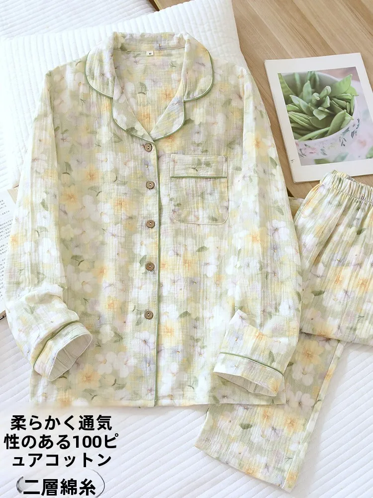 100-cotton-sleepwear-women's-spring-autumn-pure-cotton-gauze-lightweight-long-sleeve-long-pants-soft-close-fitting-home-clothes