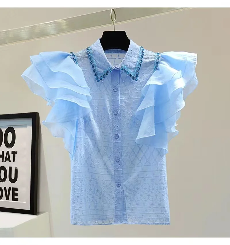 Luxury 2024 Summer Blue Shirt Ruffles Short Sleeve Diamonds Stitch Collar Shirts Blouses For Women Sweet Chic Tops Blusas