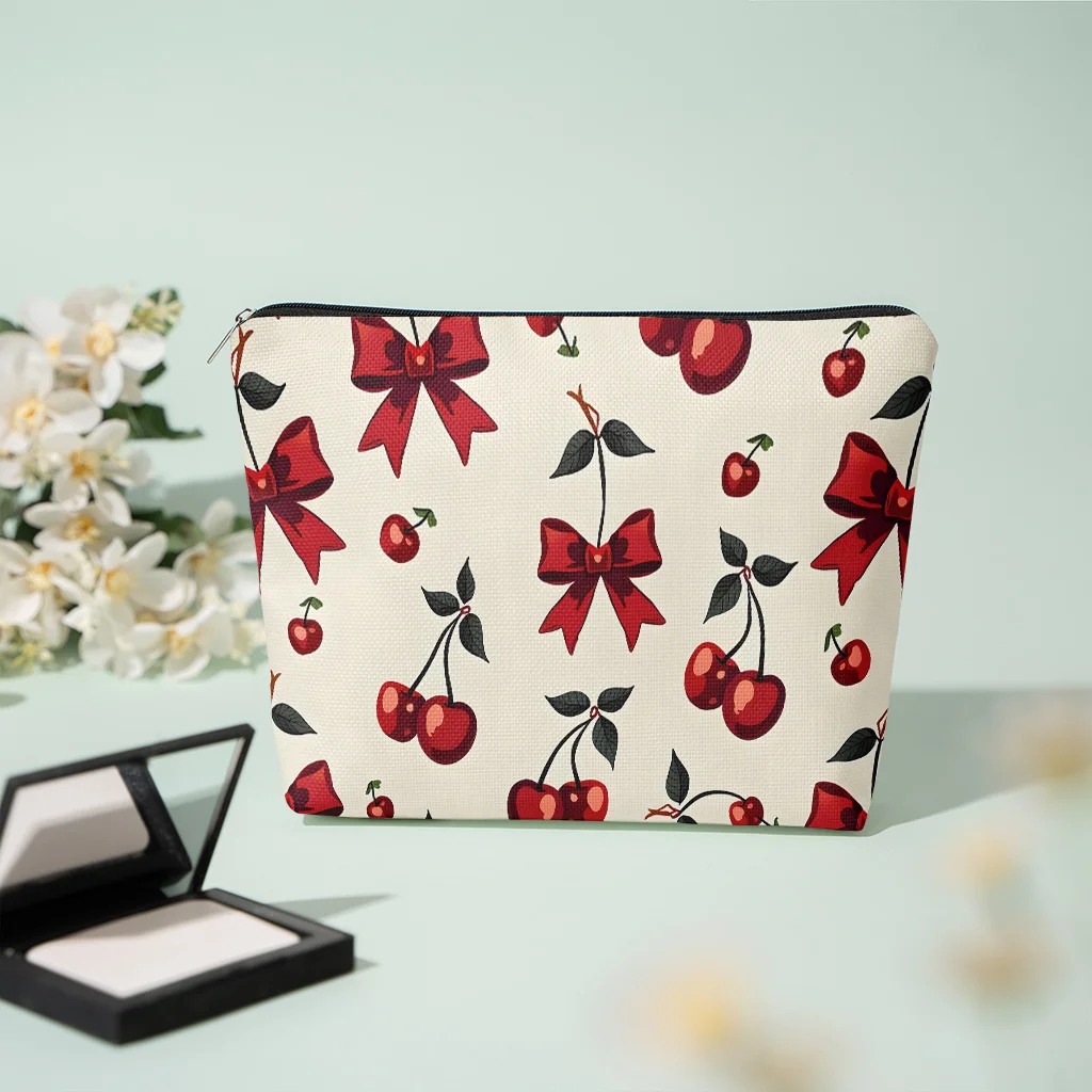 Pattern of Cherries with Red Bows and Leaves Party Gift Zippered Storage Bag Lightweight Cosmetic Pouch for Storing Cosmetics