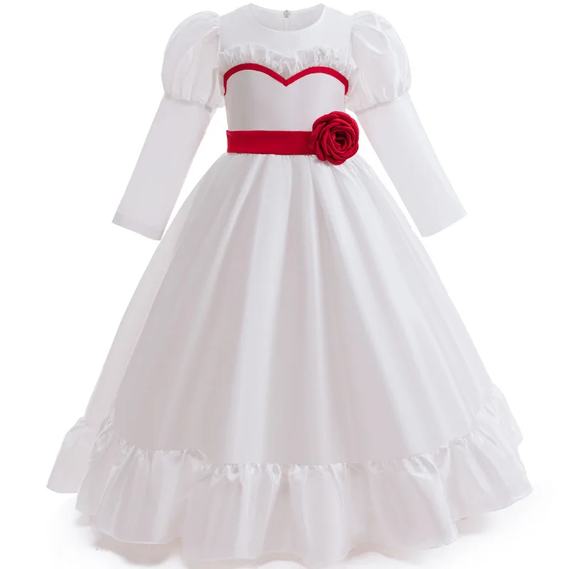 Terror-Puppe Annabelle Kostüm, gruseliges Film-Cosplay, weißes langärmeliges Prinzessinnenkleid mit roter Rose an der Taille, Halloween-Robe für Mädchen und Kinder – Detail 2