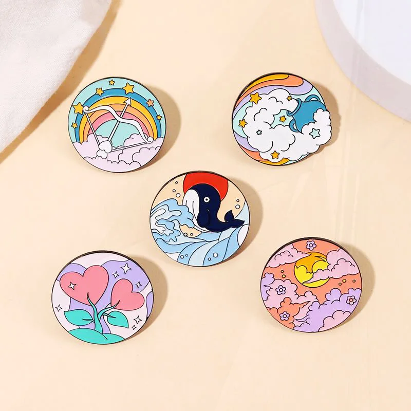 Chmury Ocean Whale Flower Pin Lapel Badge Biżuteria Prezent dla dzieci Przyjaciele Natura Malarstwo olejne Emalia Broszka Niestandardowy Tęczowy Zachód Słońca