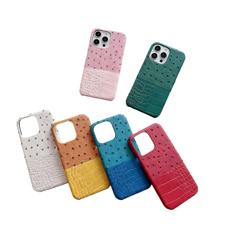 Personalizowane etui ze skóry ekologicznej PU z inicjałem, w kolorze złotym lub srebrnym, z motywem strusia lub krokodyla, do iPhone 14, 13, 16, 17, 18 Pro Max, 14, 15 Plus – luksusowe etui ze skóry. — zdjęcie produktu 2