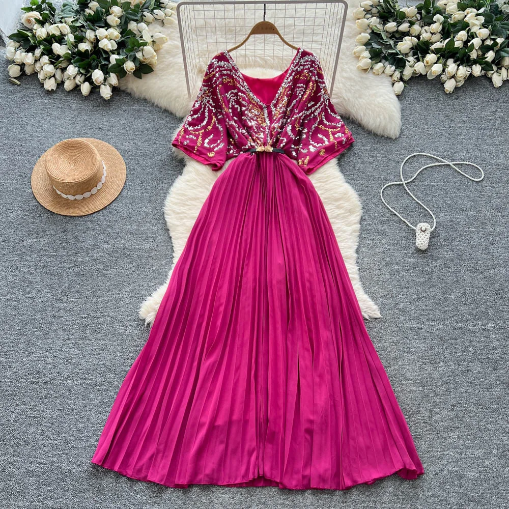 

Women Vintage Dress Sequins Spliced V Neck Long Dresses A Line Pleated Vestidos Elegant Print High Waist Summer Slight Strech
