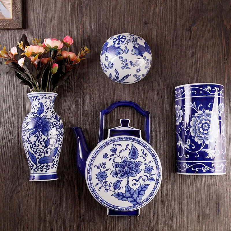 Blue and White Porcelain Wall Mounted Vase, Ceramic Vase, Wall Decoration Pendant, Flower Planter, Room Decoration Accessories