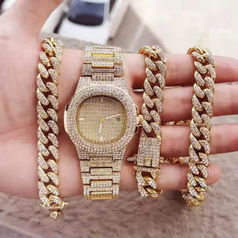 3/2Pcs Necklace+Watch+Bracelet Hip Hop Miami Cuban Chain Gold Color Iced Out Paved Rhinestone Rapper Men Jewelry Set Women Watch