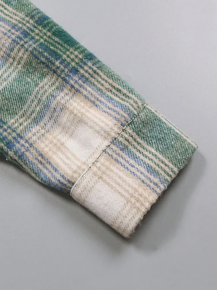 قميص كلاسيكي منقوش بأكمام طويلة مع زر بلوزات نسائية فضفاضة غير رسمية باللون الأخضر الساخن مع جيوب معطف طويل بلوزة نسائية جديدة #4