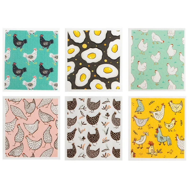 

6Pcs/pack Chicken Style Wood Pulp Cotton Dishcloth Oil Resistant Kitchen Cleaning Cloth Bowl Towel Cleaning Tool