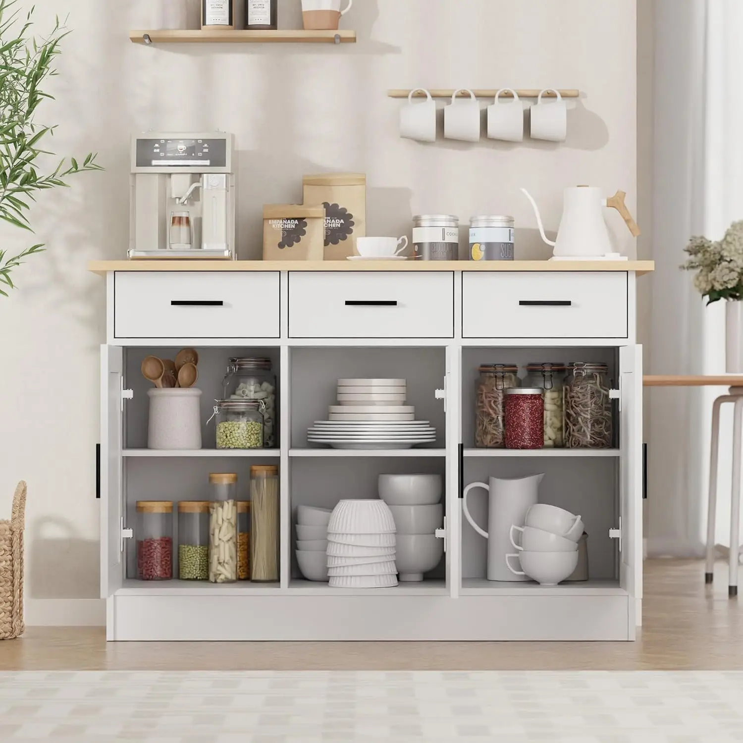 Witte buffetkast met 3 lades, houten consoletafel voor woonkamer, eetkamer, entree – 47,2'W