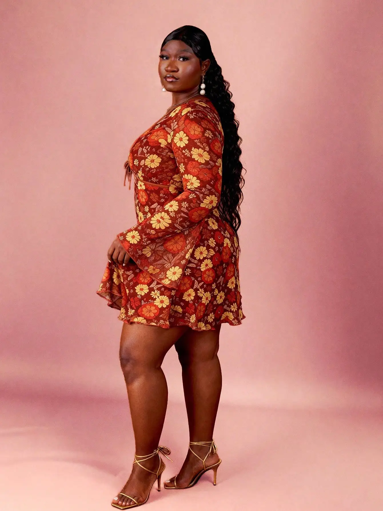 

Plus Size Women Floral Print Mesh Long Sleeve Mini Dress For Autumn Winter
