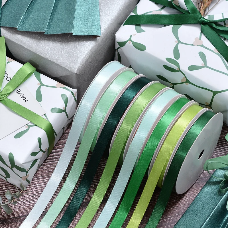YAMA Single Face Satin Ribbon 6 9 13 16 19 22 mm Ribbons 100yards Light Green for Party Wedding Decoration Handmade Rose Ribbons