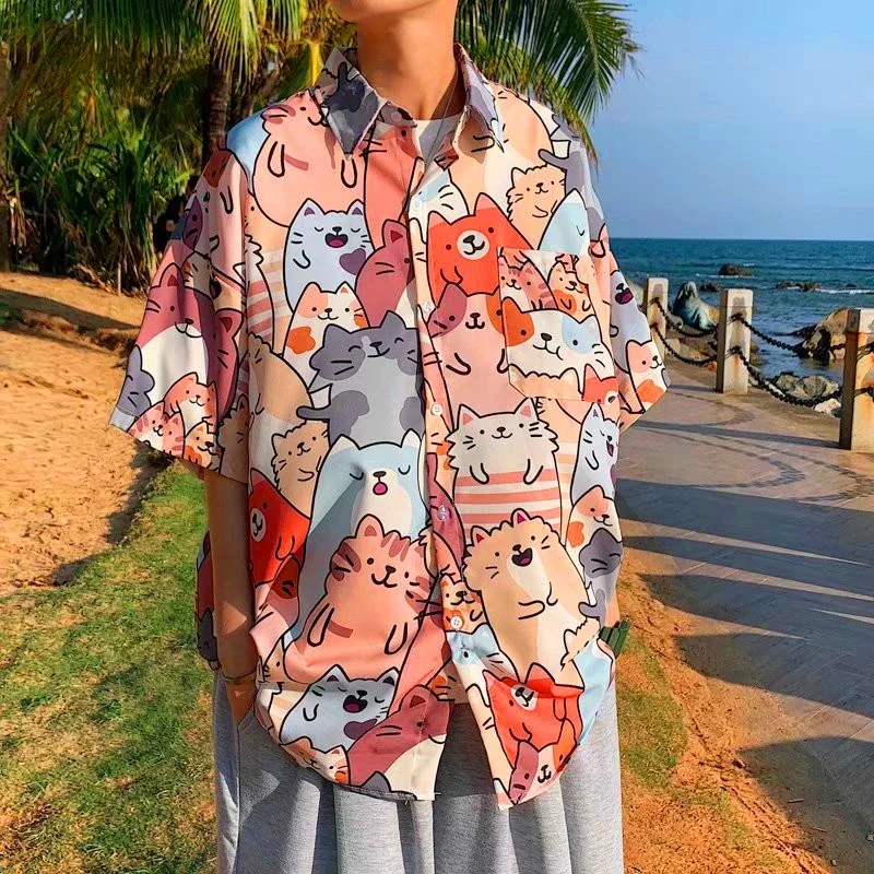 Camisa con estampado de gato de dibujos animados para hombres y mujeres, blusa con botones, ropa de playa hawaiana, ropa japonesa Harajuku coreana,