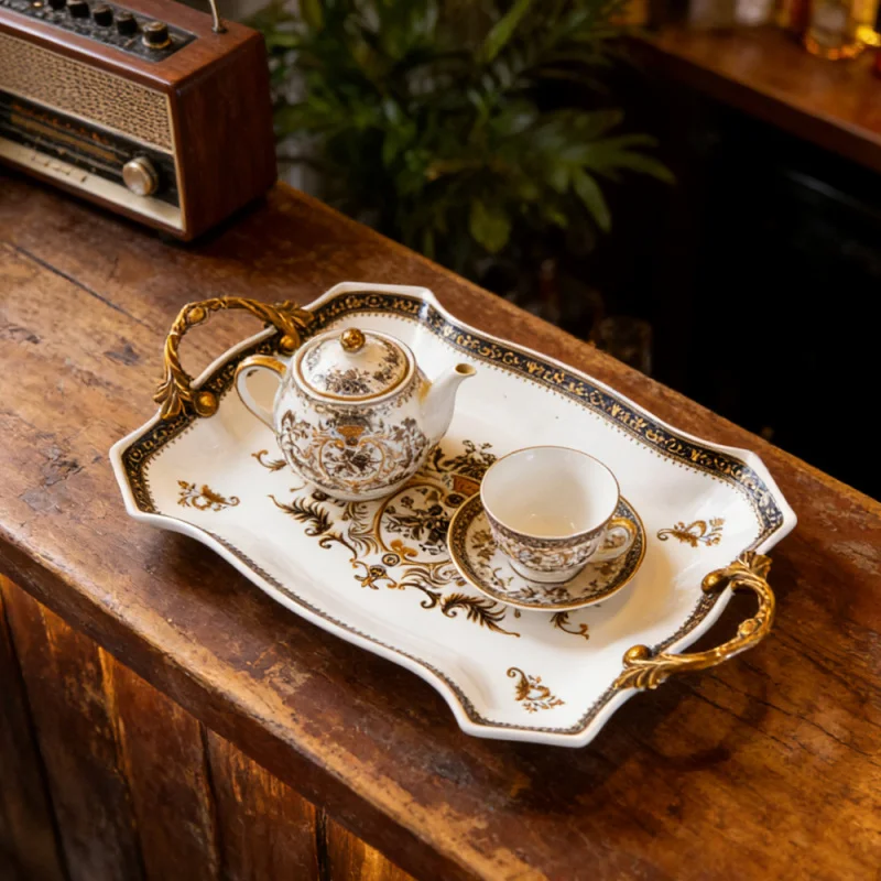 Villa and Clubhouse Light Luxury Vintage Ceramic Tray European and American Style Double-Handled Fruit Plate Living Room Decorat