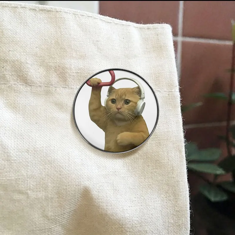 Funny Ginger Cat Listening Music UV Printing Pin Cute Pet Meme Humor Badge Brooch Lapel Accessory Gift For Friends