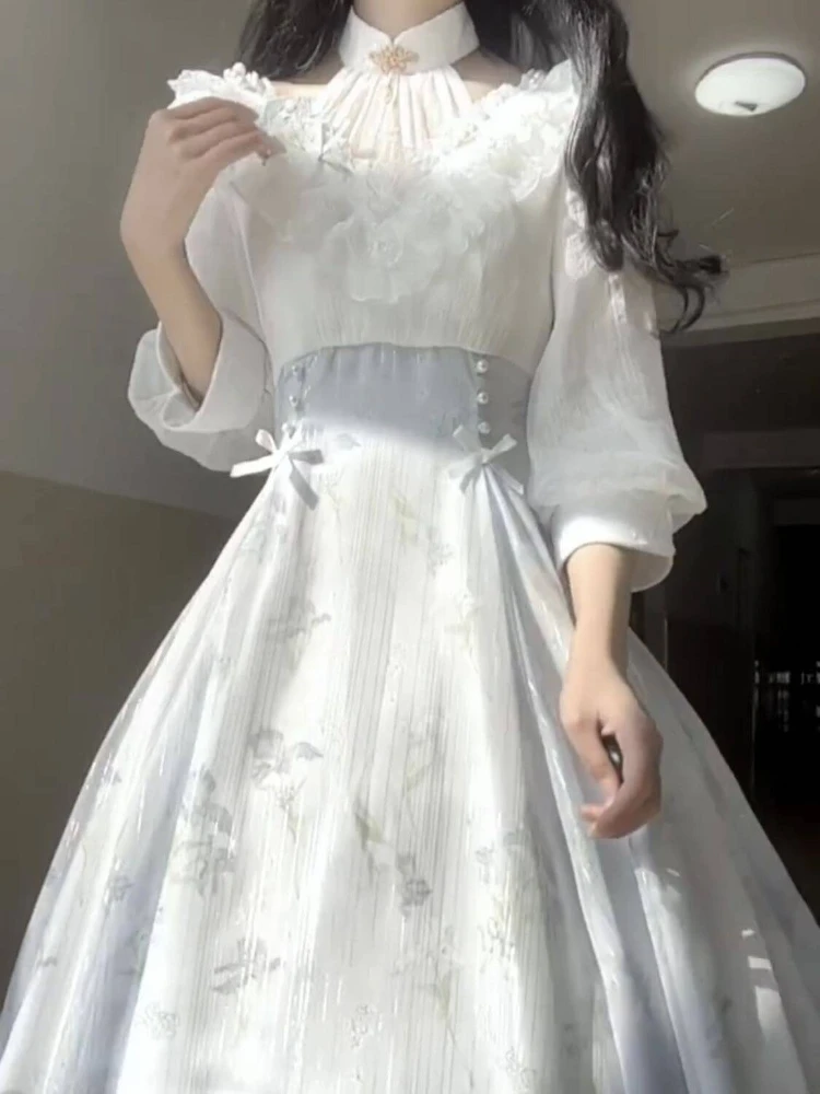 New Fashion Sweet Lolita Dresses Women Causal Elegant Flower Print Slim Bandage Princess Dress Chic Y2k Evening Party Long Dress