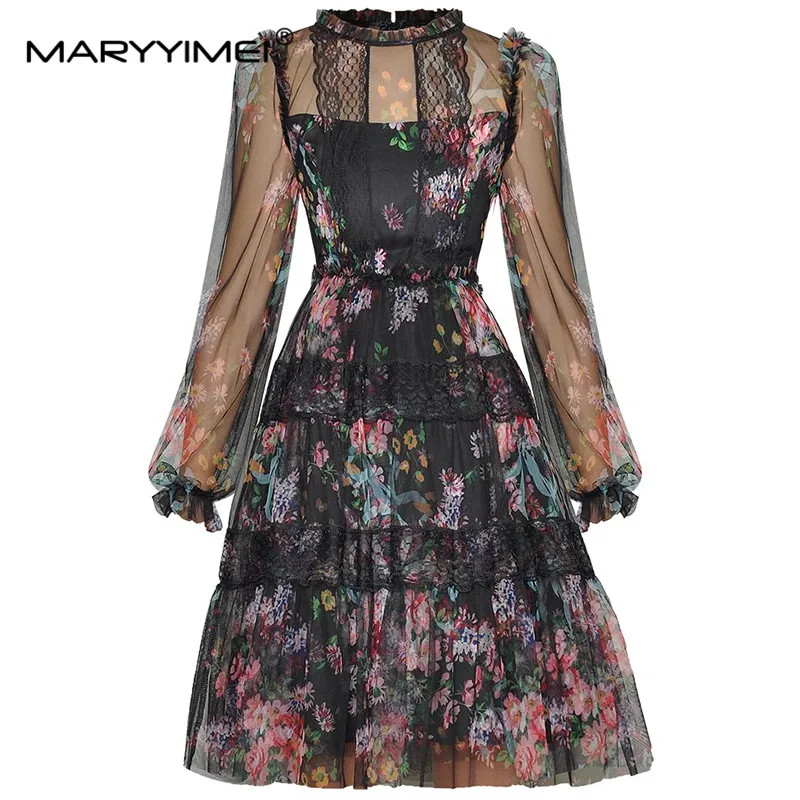 MARYYIMEI Spring Autumn Fashion Designer Women dress Long sleeved Lace Patchwork Mesh Print Mini Dresses