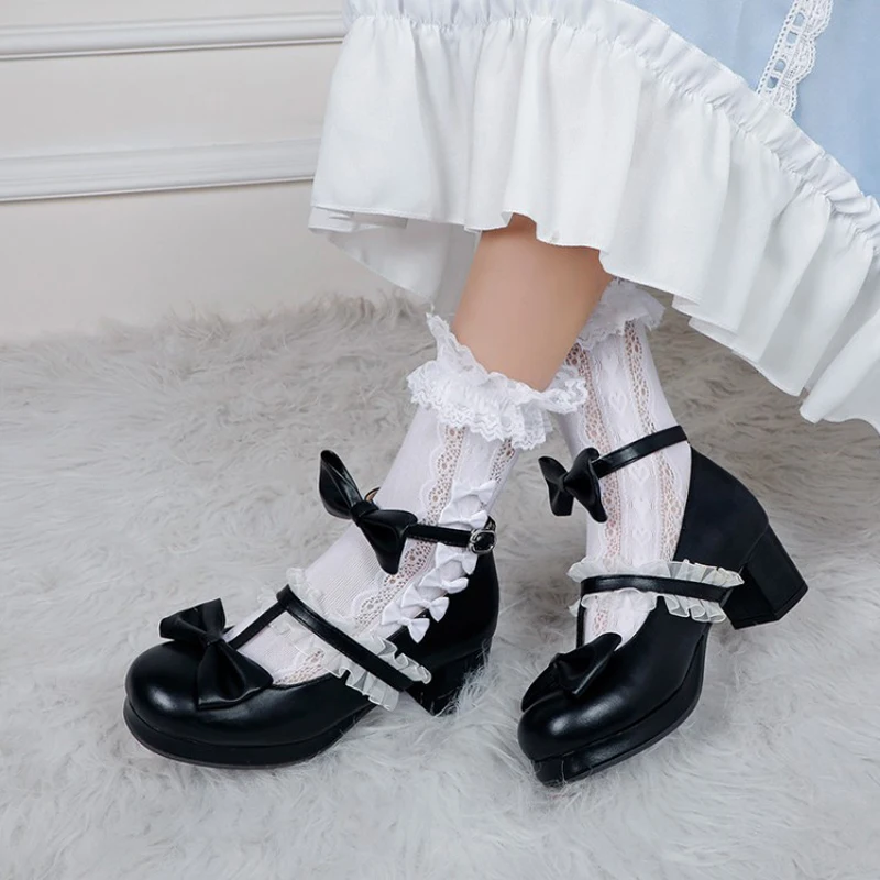 

Buckle Strap Women High Heels Mary Jane Pumps Party Wedding Cosplay White Pink Black Ruffles Bow Princess Cosplay Lolita Shoes