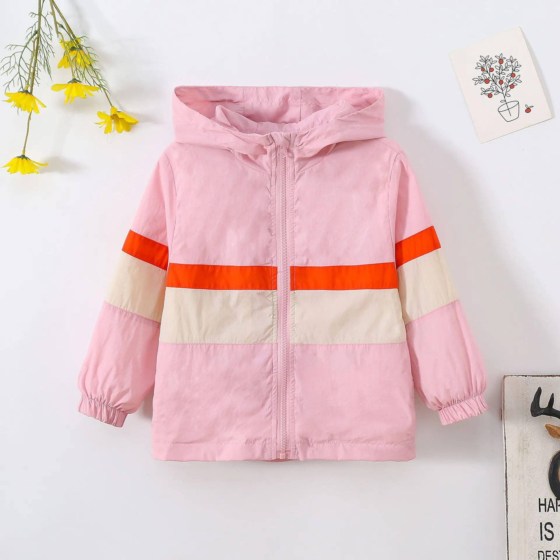 

2025 Spring Summer Autumn Girls Thin And Light Fashionable Hooded Coat With Pocket Color Stripe Casual Trench Coat