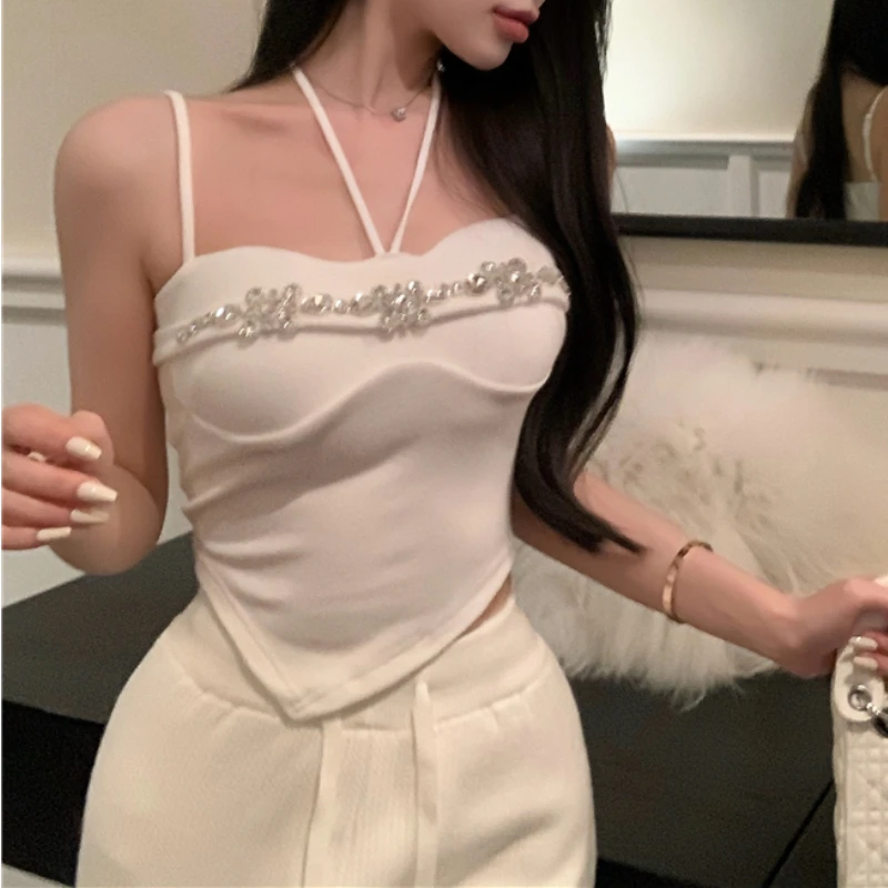 

Vintage Rhinestone Sexy Slim Irregular Camisole Women 2024 Spring New Korean Solid Color All Match Crop Tops