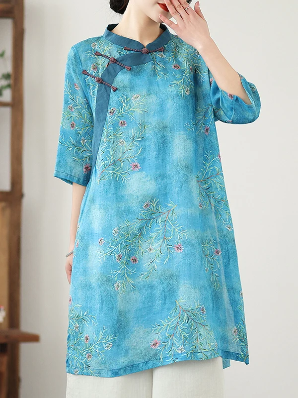 Vestido Midi Estilo Chino Artístico, Aodón y Lino, Estampado Digital, Traje Zen para Té, Corte Hoado, Manga Corta, Moda F...
