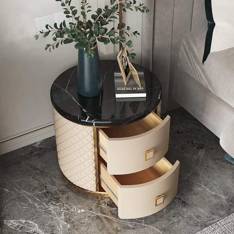 Luxury Marble Tabletop Night Stands Simple PU Leather Wrapped Round Bedside Tables Designer Storage Cabinet Bedroom Furniture