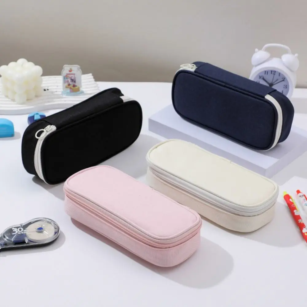 Large Capacity Minimalist Pen Bag Zippered Oxford Cloth Solid Color Pencil Pouch Space Saving Multi-functional