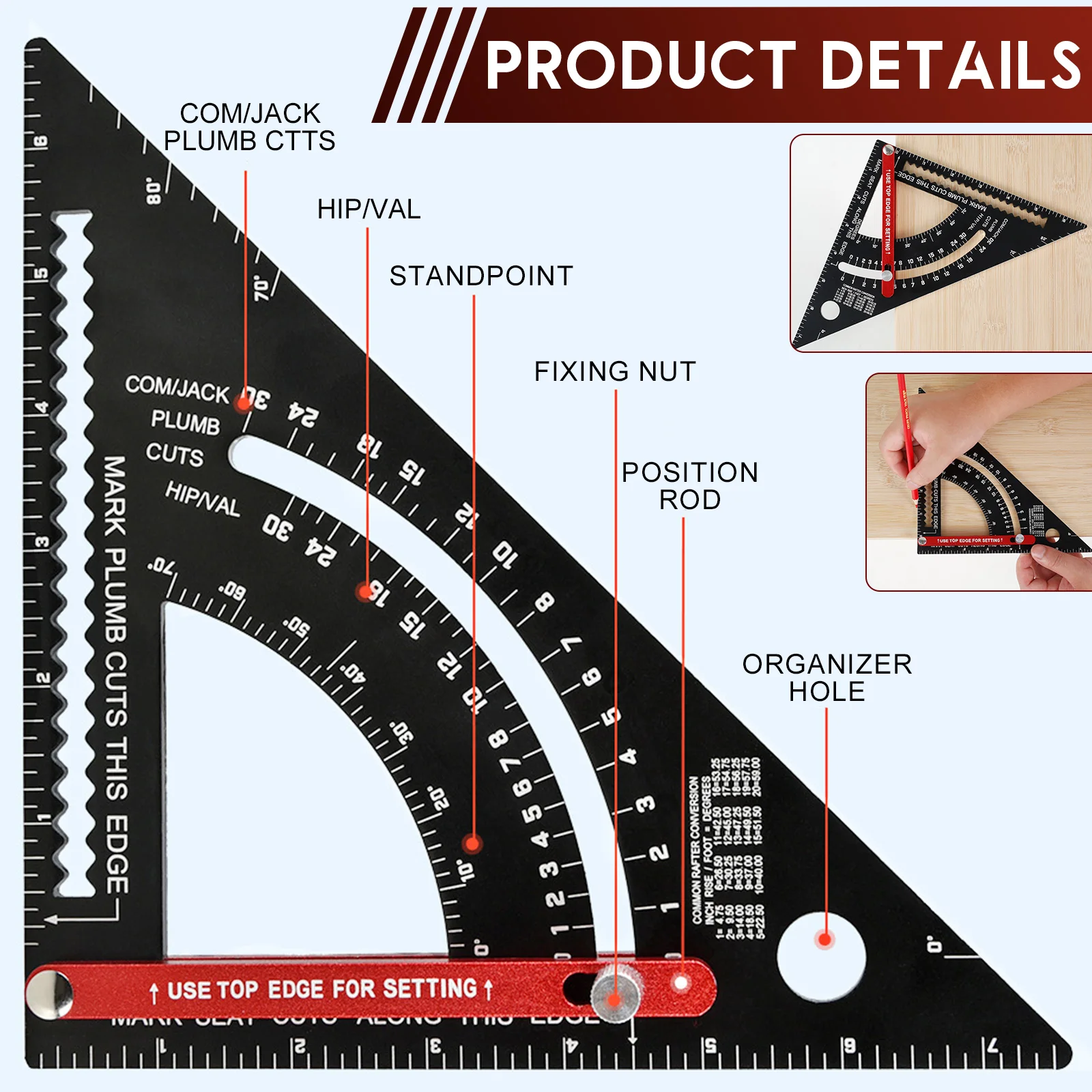 Alumínio Alloy Rafter Framing Square para Carpenter, Woodworking Tools, combinação ajustável, 7.5"