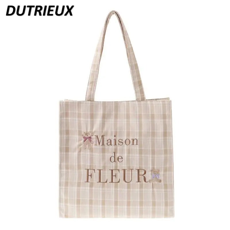 2025 Spring Summer Women's Bags Japanese Style Bear Embroidered Casual Checkered Pattern Tote Thick Canvas Tote Bag