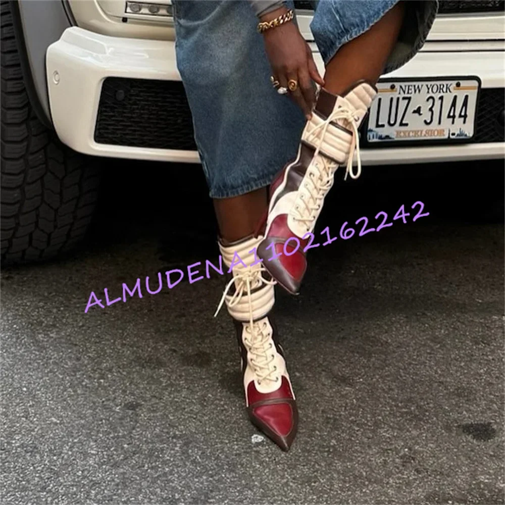 Ladies Color Block Patchwork Mid Calf Boots Pointed Toe Front Lace Up Thin Stiletto Heel Booties Faux Leather  Punk High Heel