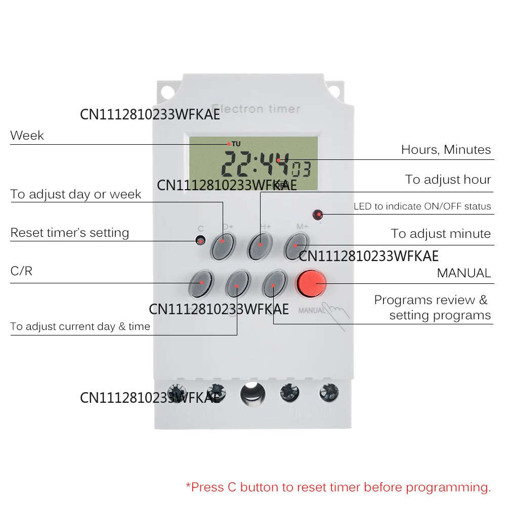 AC 220V 25A Digital Programmable Timer Din Rail Electronic Timer Time Switch Controller with LCD Display Clock Outdoor Tools