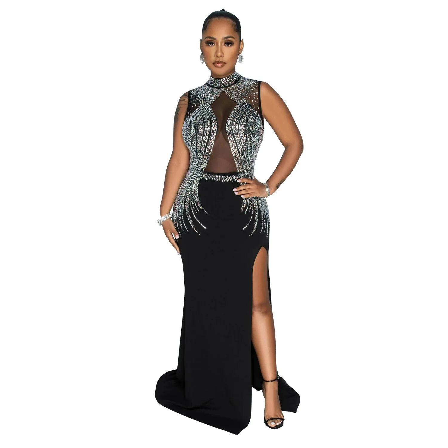 

Party Nightclub Party Prom Solid Color Mesh Hot Rhinestone Split Long Dresses