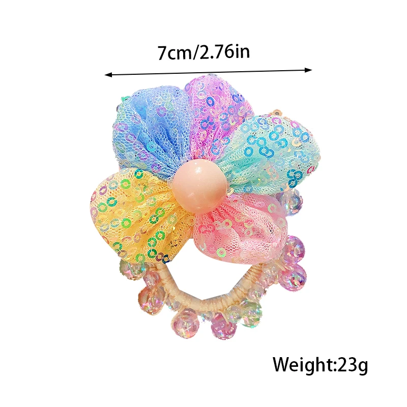 Haargummi mit Pailletten, Schleife und Blumenmuster für Mädchen und Frauen, buntes, perlenbesetztes, elastisches Haarband, Haargummi für Kinder, Prinzessinnen-Haarschmuck, Party-Haaraccessoires. – Detail 9