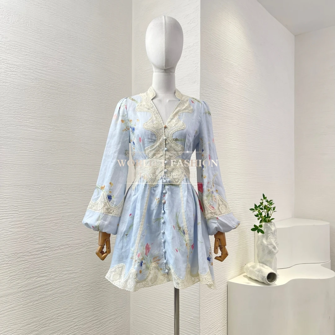 

2025 Beach Style Linen High Quality Light Blue Mini Lace Patchwork Floral Print Women Vintage Holiday Midi White Elegant Dresses