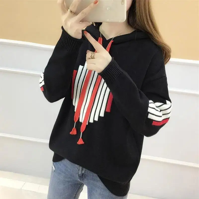 Streetwear Contrasting Colors Striped Sweatshirts 2022 Autumn Winter Female Clothing Hooded Drawstring Casual Loose Pullovers