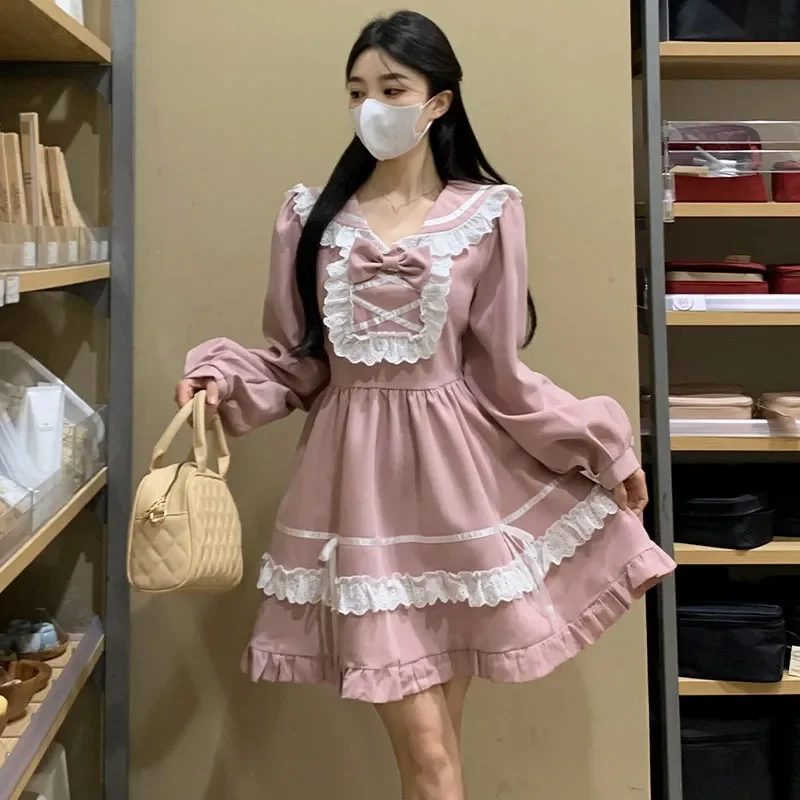 

Pink Lolita Y2k Mini Dress Women Kawaii Lace Ruffles Elegant Party Dress Japanese Style Fashion Cute Dress Girls New Autumn