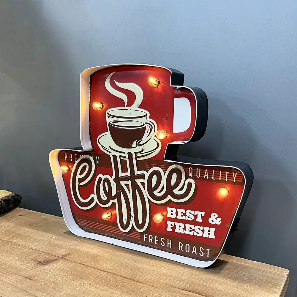 American Retro Iron Art LED Light Creative Wall Decoration Pendant Coffee Bar Coffee Shop Neon Sign Vintage Home Decor