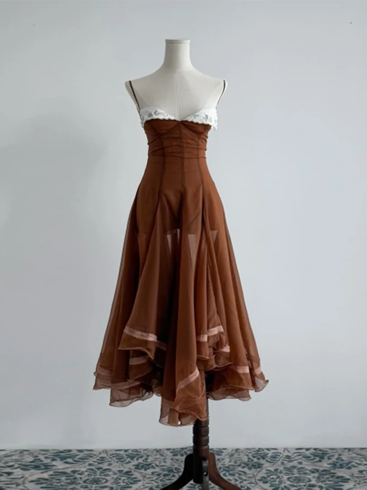 Women's Evening Dresses Panelled Waist Cinching Big Skirt Slip Long Dress Charming Female Sleeveless Slim Pleated Partywear New