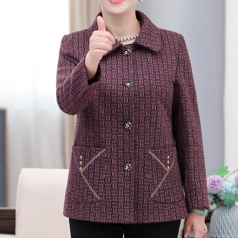 Middle-Aged Elderly Women\'s Short Coat Fashion Lining Plaid Jacket New Spring Autumn Grandma Casual Outerwear Loose Female Tops