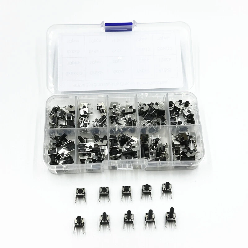 100pcs 10value 6x6mm Momentary Tactile Tact Mini Switch Mixed kit Box 6*6*4.3/5/6/6.5/7/8/9/10/11/12mm Right Angle With stent