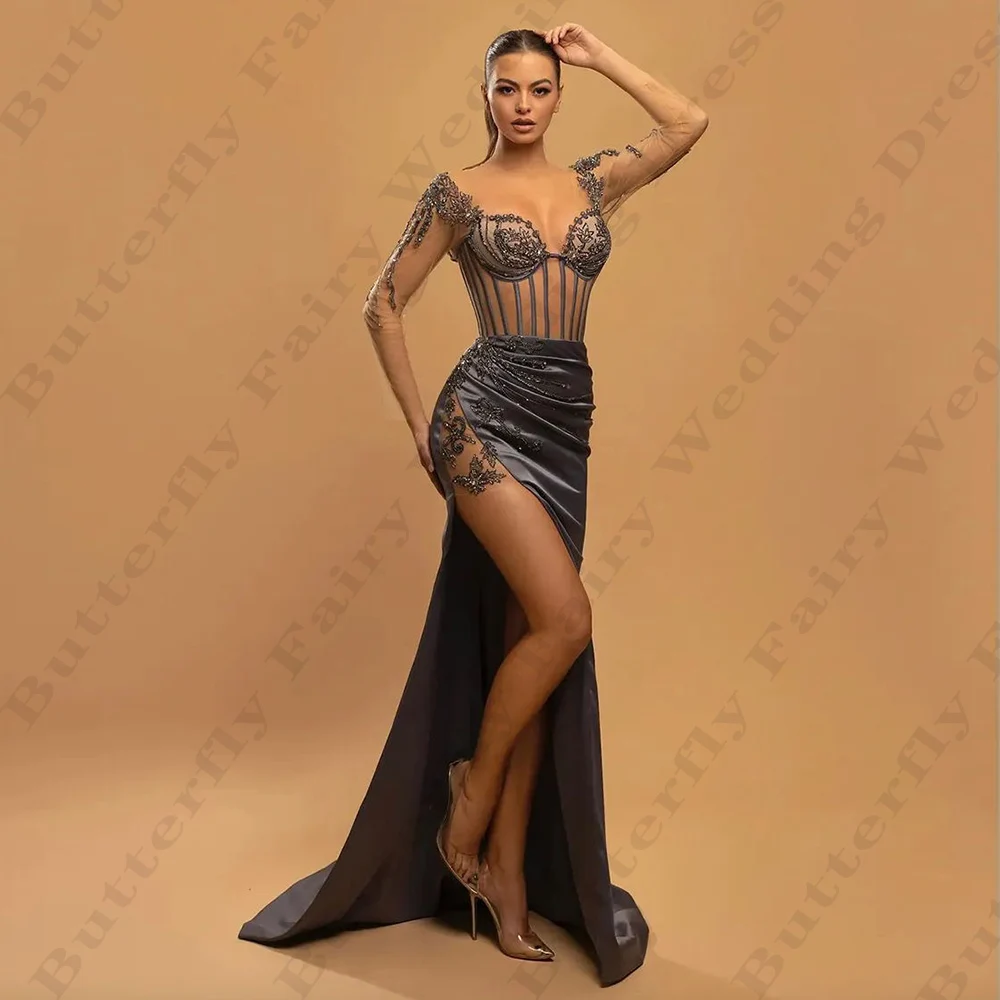 

Sexy Mermaid Fashion Evening Dresses For Women Gorgeous Simple Satin Beautiful Off Shoulder Long Sleeved High Slit Prom Gowns