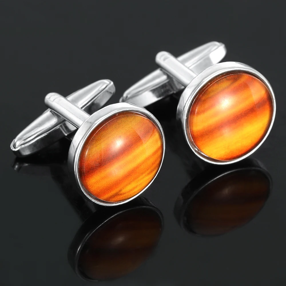 Wholesale Wood Grain Glass Round Cufflinks Time Gem Cuff Links For Men's Shirt Suit Jewelry Decoration